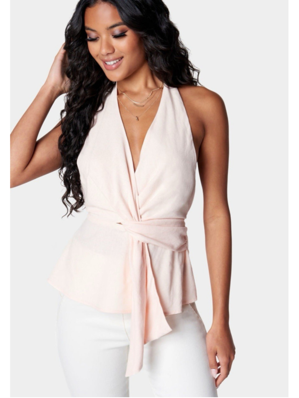 Bebe Peplum Hem Draped Halter Top